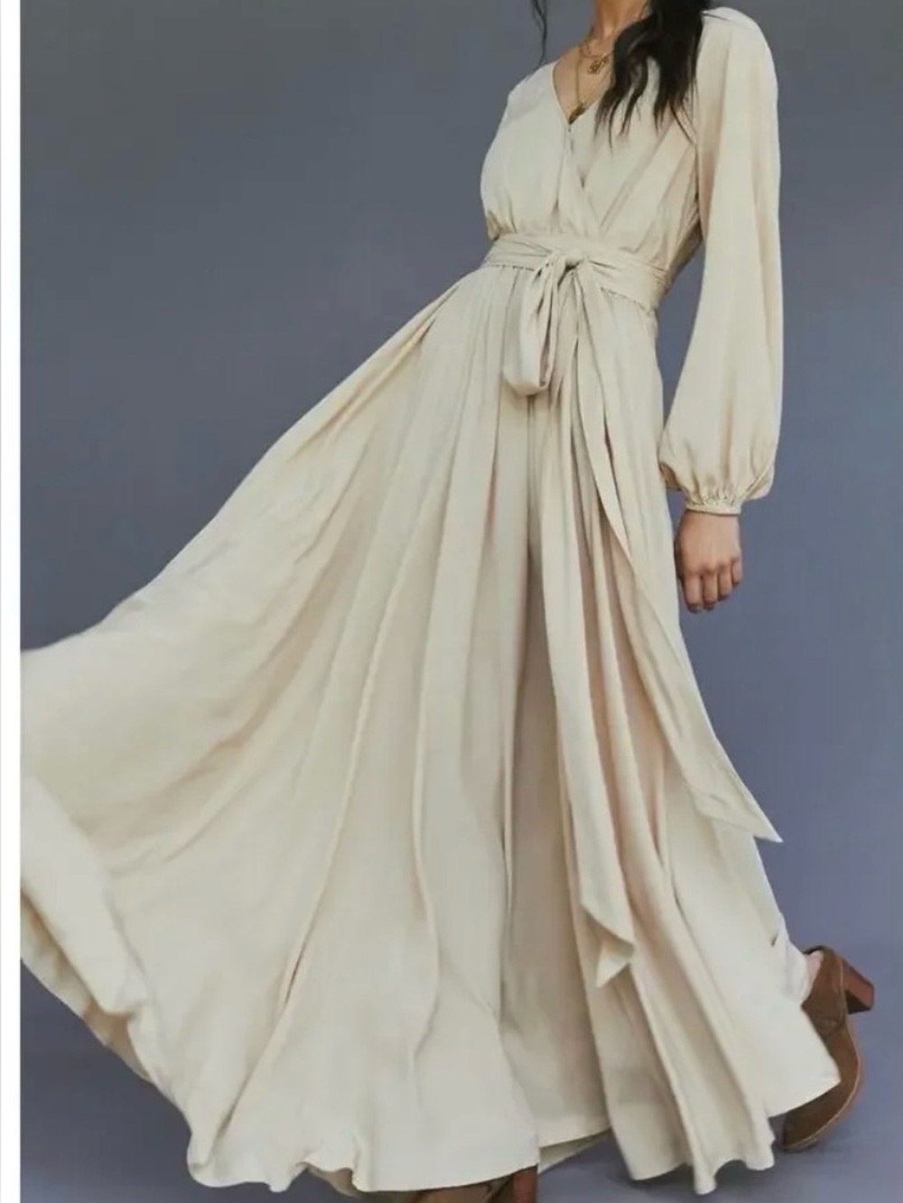 Flowing Cream Tie-Waist Maxi Dress
